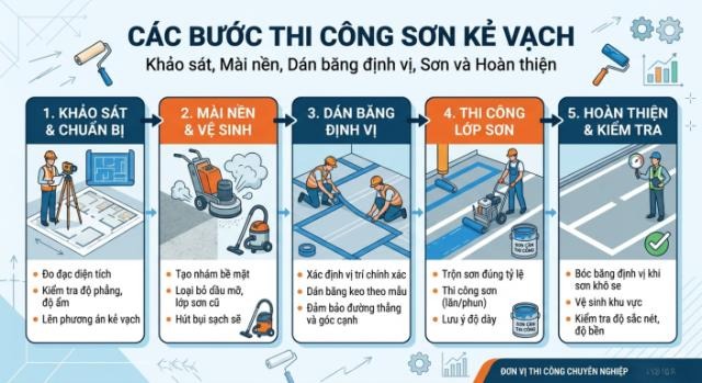 Quy trình 5 bước thi công sơn kẻ vạch chuyên nghiệp từ khảo sát đến hoàn thiện