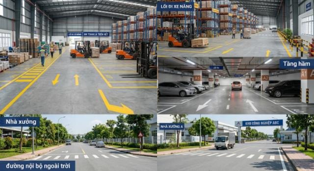 Sơn kẻ vạch giúp phân luồng giao thông và tổ chức không gian khoa học tại kho hàng, bãi xe