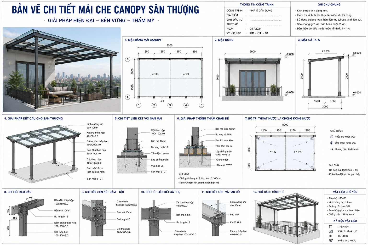 Bản Vẽ Chi Tiết Mái Che Canopy Sân Thượng