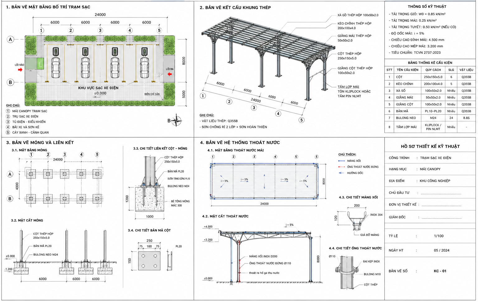 Bản Vẽ Mái Canopy Trạm Sạc Xe Điện Trong Thiết Kế Kỹ Thuật