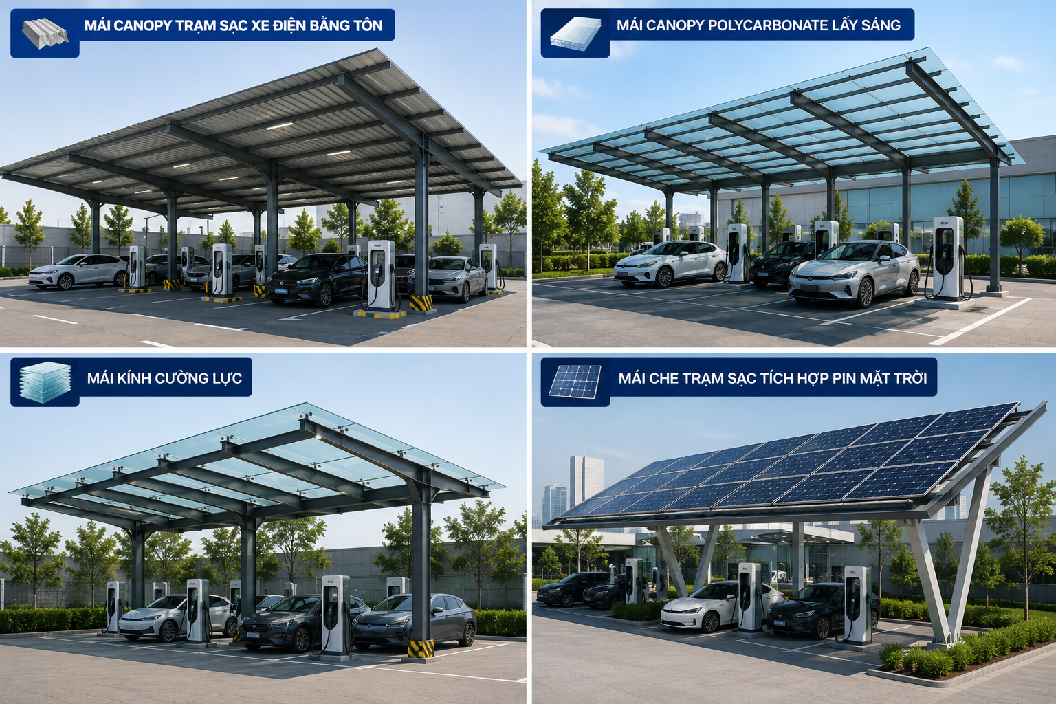 Vật Liệu Mái Che Trạm Sạc Xe Điện Phổ Biến