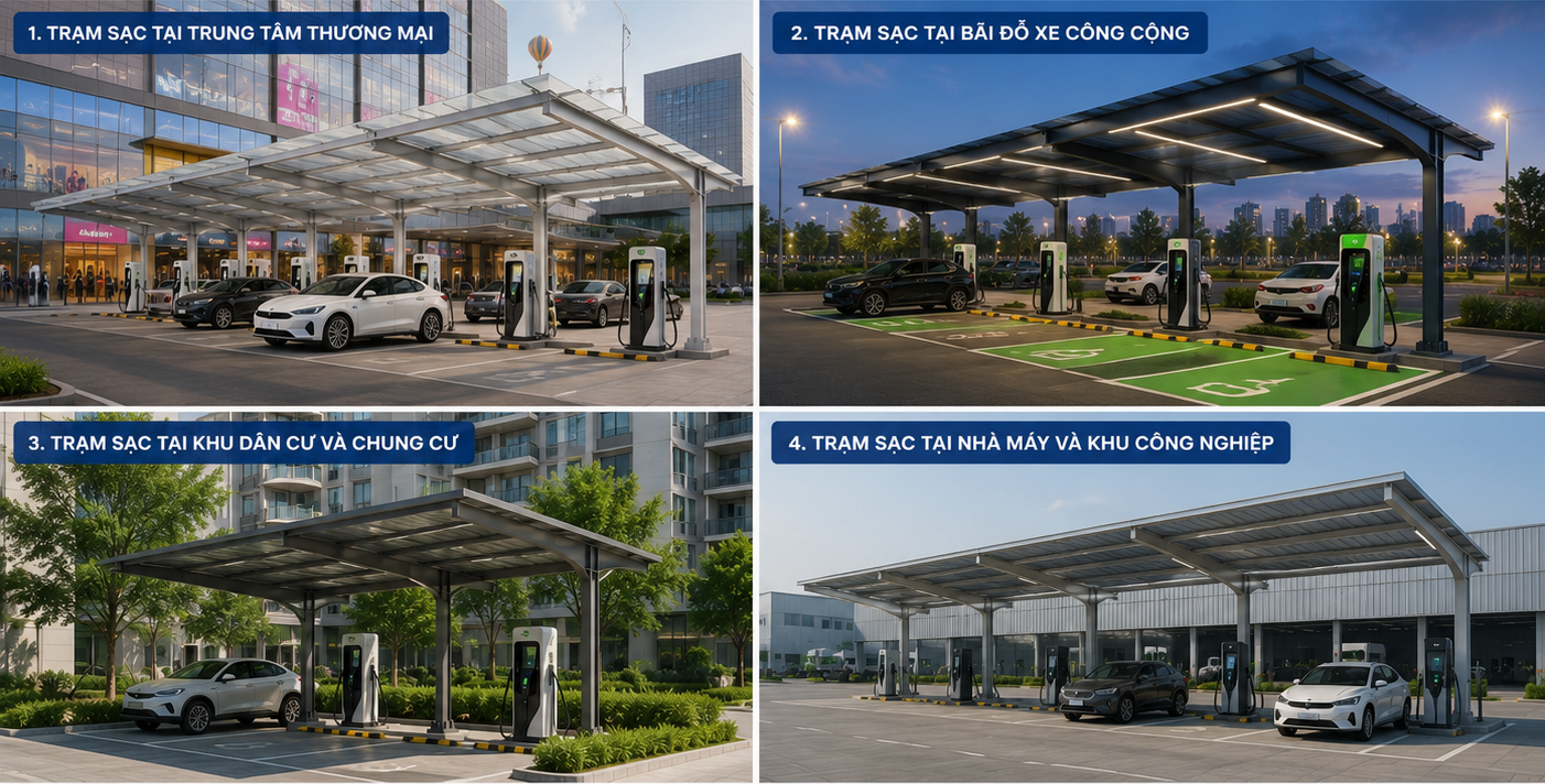 Ứng Dụng Mái Canopy Cho Các Loại Trạm Sạc Xe Điện