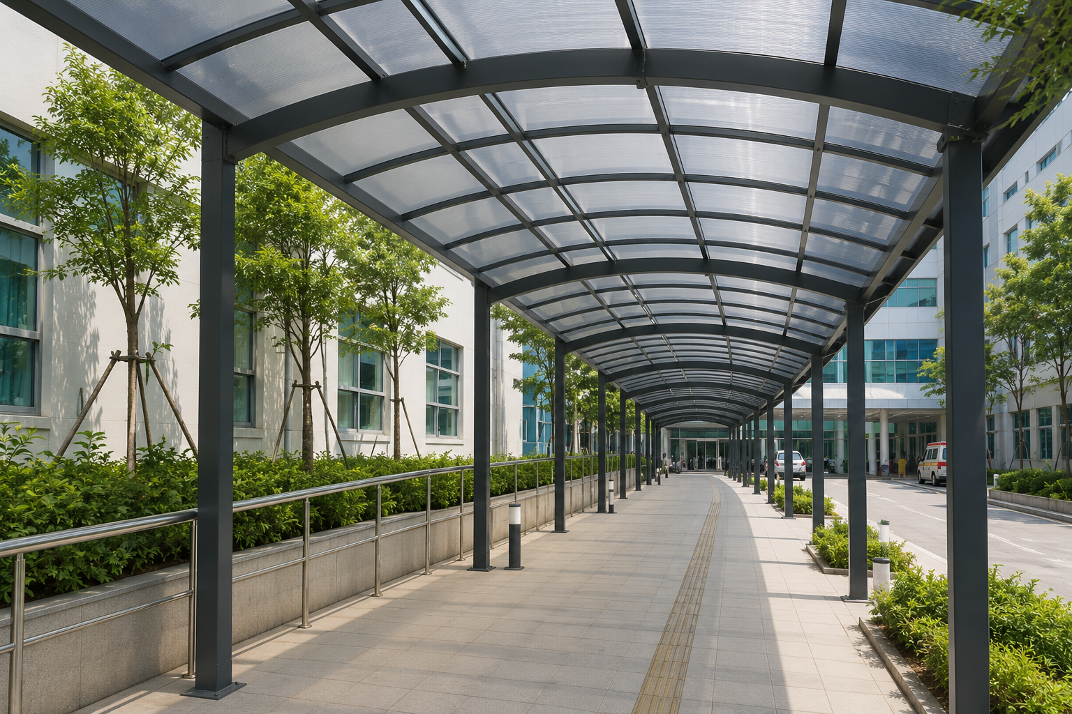 Thi Công Mái Canopy Lối Đi Cho Bệnh Viện, Trường Học, Tòa Nhà